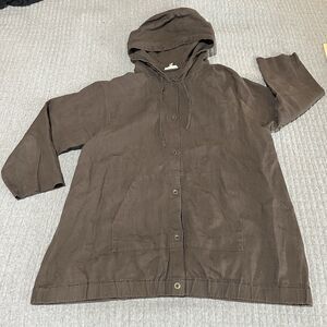 EILEEN FISHER Button Hooded 100% Organic Linen Brown Jacket Women Pockets Size L